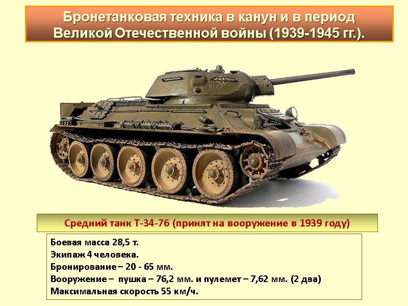 Средний танк Т-34-76 (принят на вооружение в 1939 году) Боевая масса 28,5 т. 